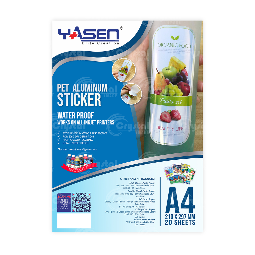 Yasen Transparent Vinyl Sticker Paper A4 150GSM Glossy 20 Sheets